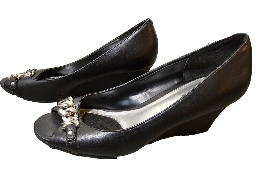 Chaps Womens Black Wedge Open Toe Shoes With Chains Dress Casual Size 7.5 B